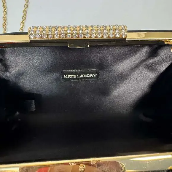 Kate Landry Black Satin Evening Box Clutch with Rhinestone Clasp - Picture 6 of 8